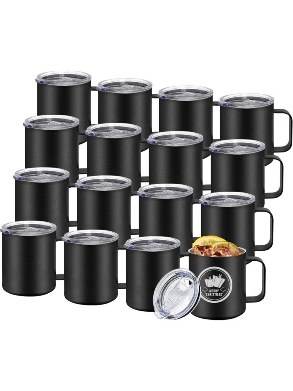 16 Pack Insulated Coffee Mugs with Handles & Lids - 12oz Double Wall, Black